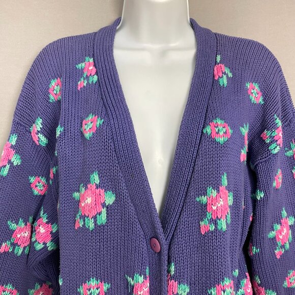 Vintage 90s Floral Cardigan Sweater Cottagecore FLAWS Purple Women Twee Medium - Picture 3 of 14